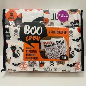 Boo Crew Halloween Full Size Sheet Set Cats Skulls Cobwebs Spiders Owls Dog Cat